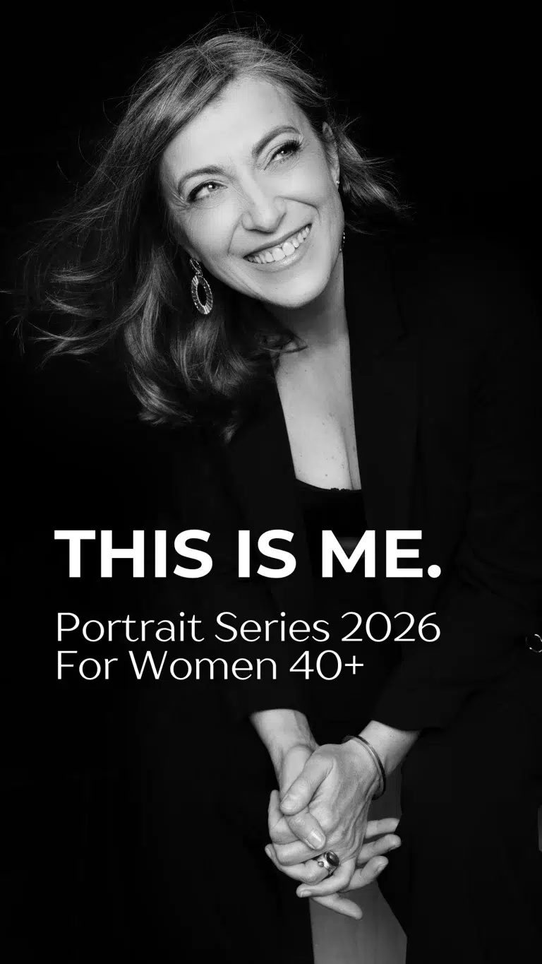 Black and white studio portrait of a smiling woman with the text “THIS IS ME – Portrait Series 2026 for Women 40+” by Massen Photography in Luxembourg.