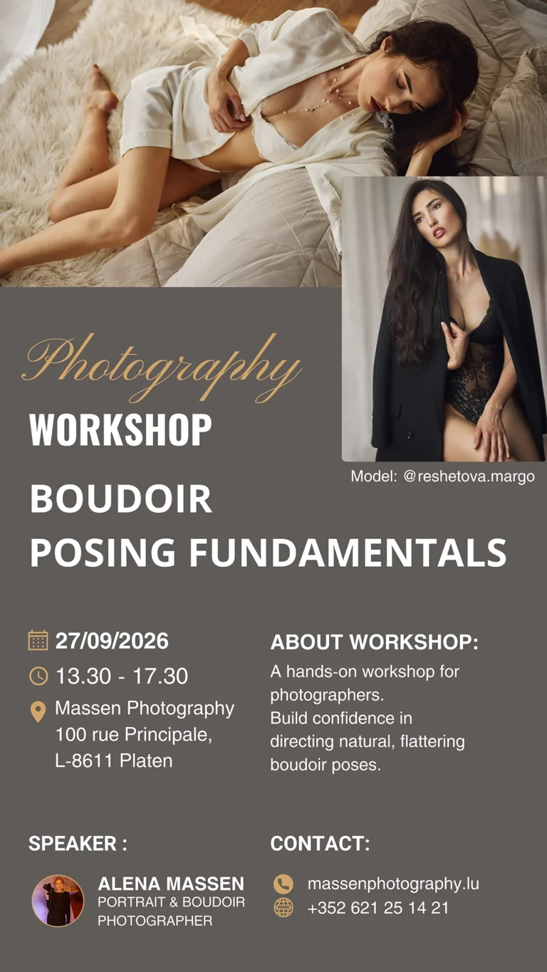 Boudoir Posing Fundamentals photography workshop poster by Alena Massen, Massen Photography studio, Platen, Luxembourg