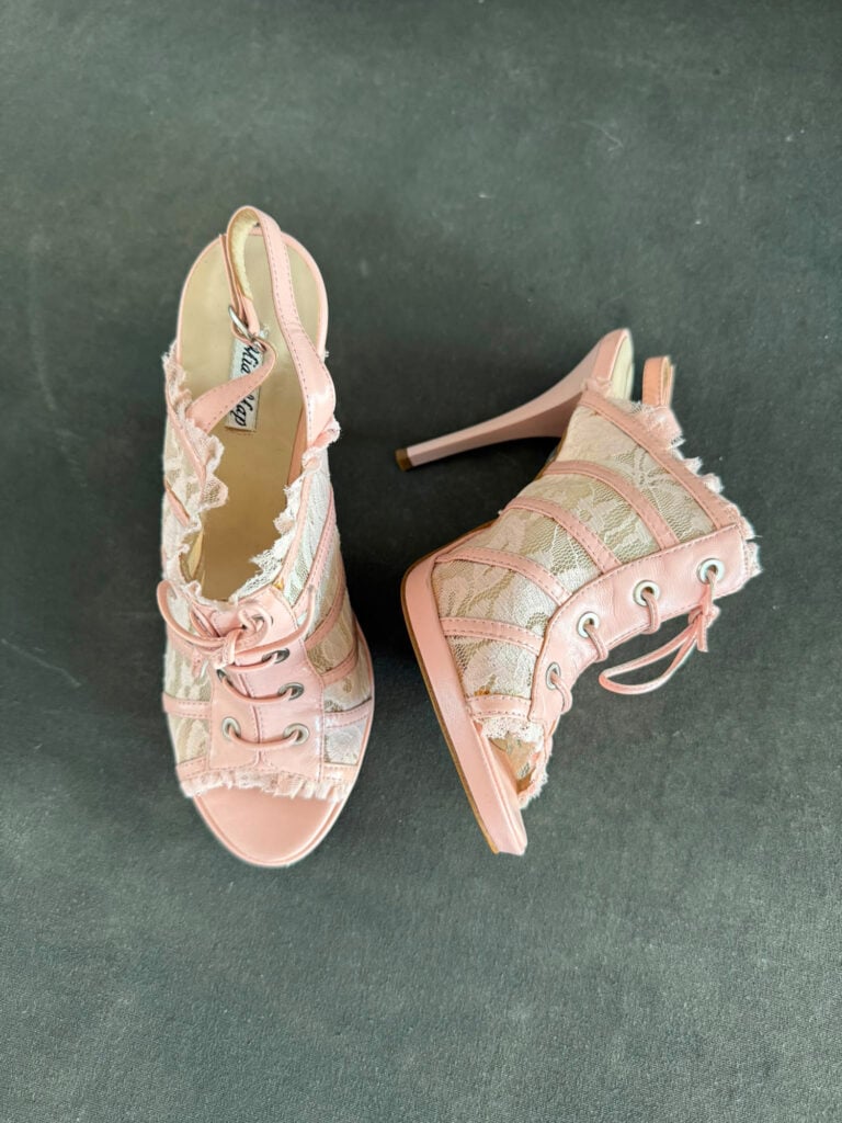 Pink lace-up heels with lace detailing, part of the Massen Photography boudoir studio wardrobe, Luxembourg