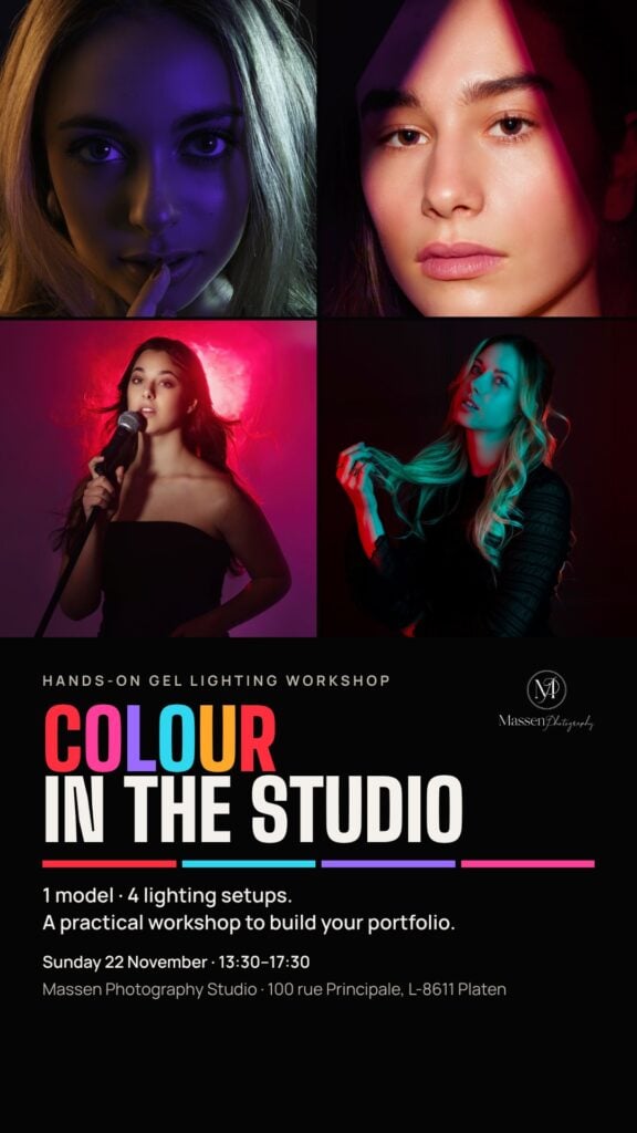 Poster for the Colour in the Studio gel lighting workshop at Massen Photography in Platen, with four portraits lit in violet, magenta, pink and cyan gel light.