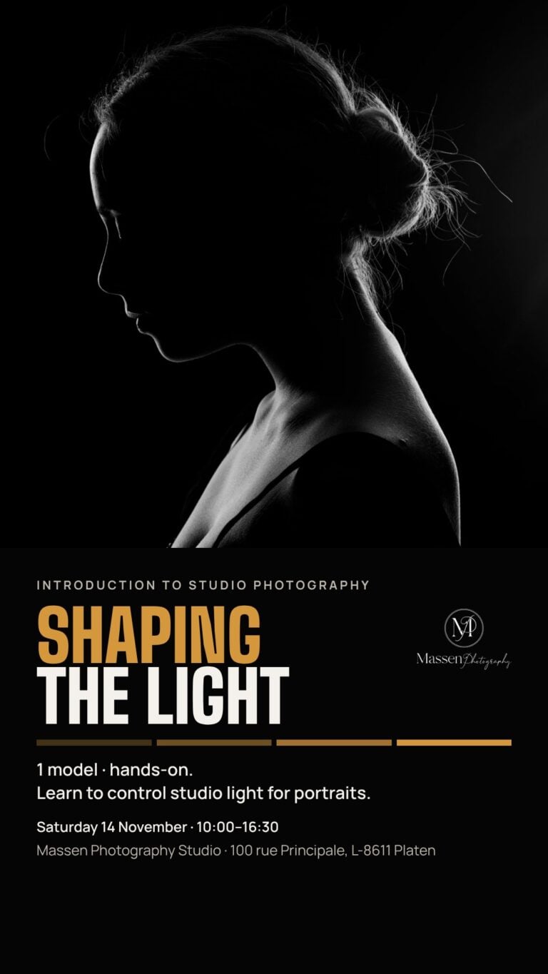 Poster for the Shaping the Light studio photography workshop at Massen Photography in Platen, with a black and white rim-lit silhouette of a woman in profile.